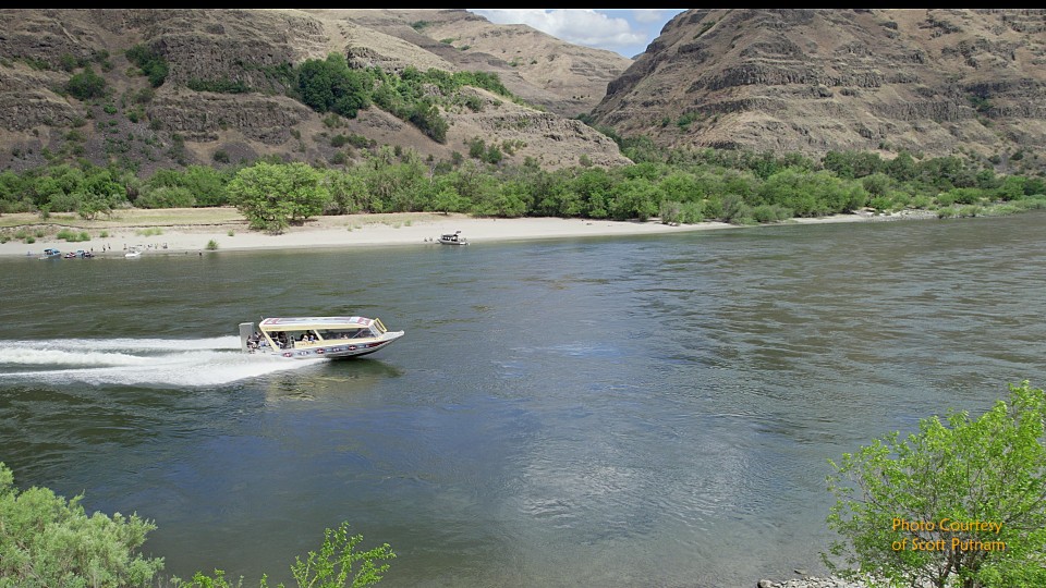 Speedboat cruising on river with sandy beach and steep canyon cliffs in background under blue sky