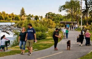 Community members walking and enjoying a scenic riverside path with trees and grass on a sunny day