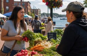 Woman vendor selling fresh local radishes and vegetables at waterfront farmers market